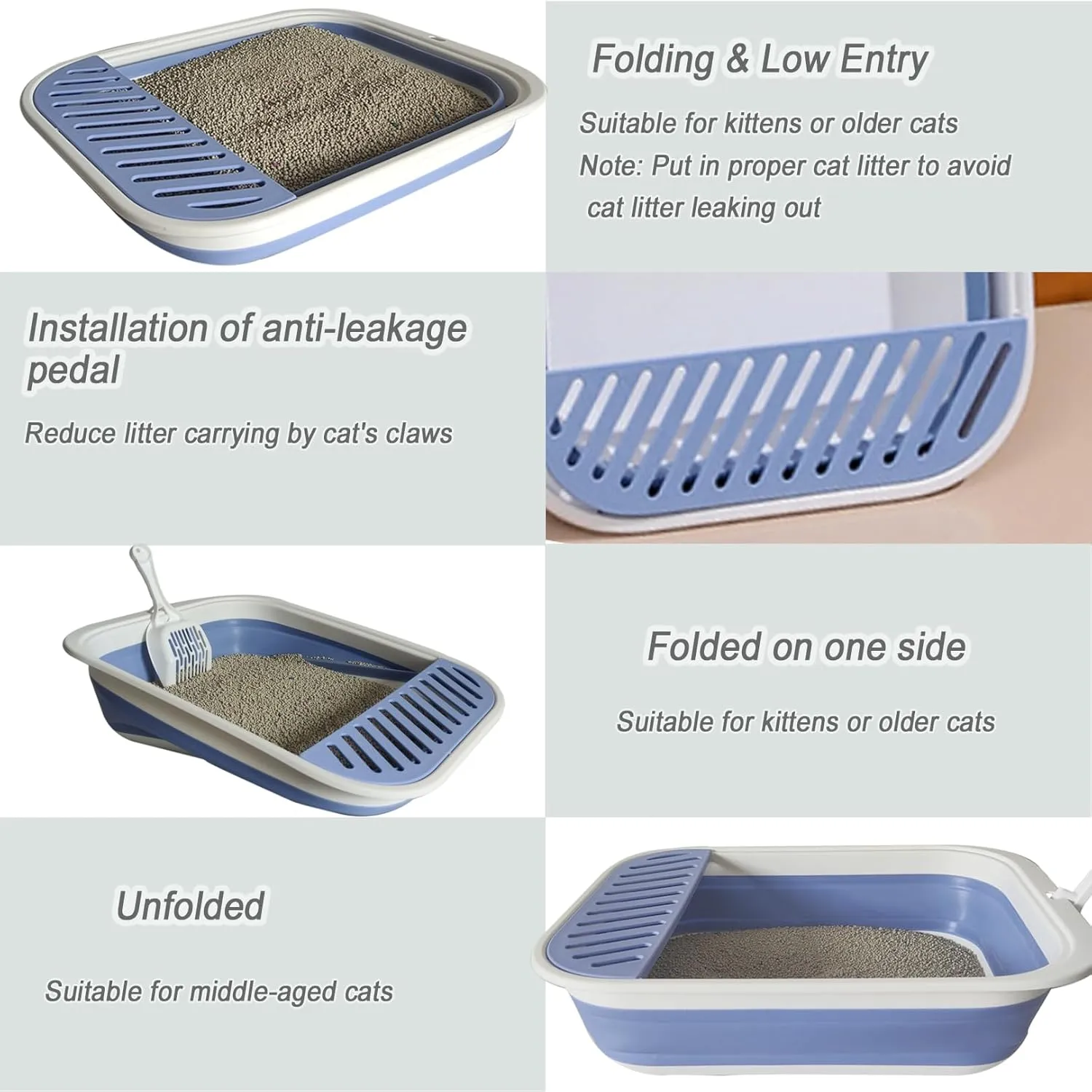 Senior Cat Litter Boxes, Collapsible Open Low Entry Cat Litter Pan with Scoop Travel Cat Potty Pan Foldable Pet Toilet for Sick Disabled Older Elderly Cats 20.9x15.7x5.7 inch