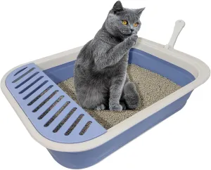 Senior Cat Litter Boxes, Collapsible Open Low Entry Cat Litter Pan with Scoop Travel Cat Potty Pan Foldable Pet Toilet for Sick Disabled Older Elderly Cats 20.9x15.7x5.7 inch