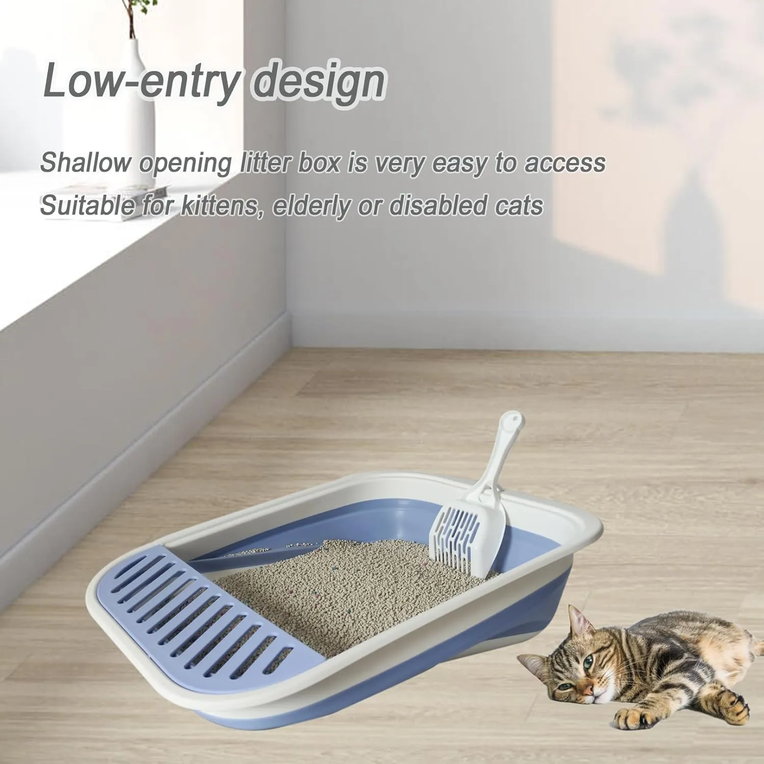 Senior Cat Litter Boxes, Collapsible Open Low Entry Cat Litter Pan with Scoop Travel Cat Potty Pan Foldable Pet Toilet for Sick Disabled Older Elderly Cats 20.9x15.7x5.7 inch