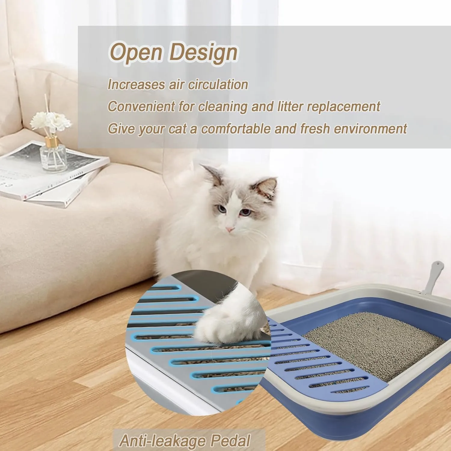 Senior Cat Litter Boxes, Collapsible Open Low Entry Cat Litter Pan with Scoop Travel Cat Potty Pan Foldable Pet Toilet for Sick Disabled Older Elderly Cats 20.9x15.7x5.7 inch