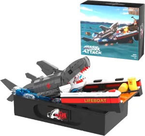 Shark Attack Lifeboat Building Blocks Set,758 PCS Ideas Movable Ocean Animal Building Set,Jaw Fish Building Block Toy for Adults Teens Kids Boys Ages 12 