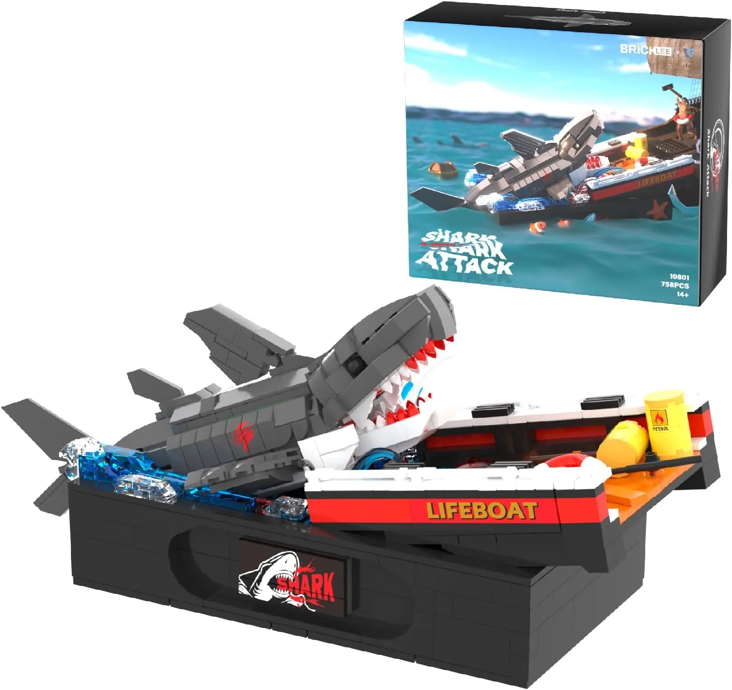 Shark Attack Lifeboat Building Blocks Set,758 PCS Ideas Movable Ocean Animal Building Set,Jaw Fish Building Block Toy for Adults Teens Kids Boys Ages 12 
