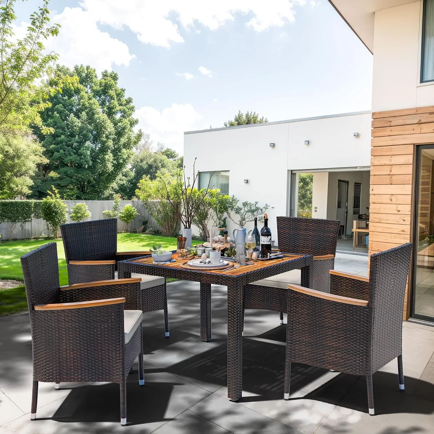 Shintenchi 5 Piece Patio Dining Set, Wicker Patio Conversation Set with Wood Table Top, Outdoor Table and Chairs with Soft Cushions for Backyard, Deck and Garden, Brown Rattan