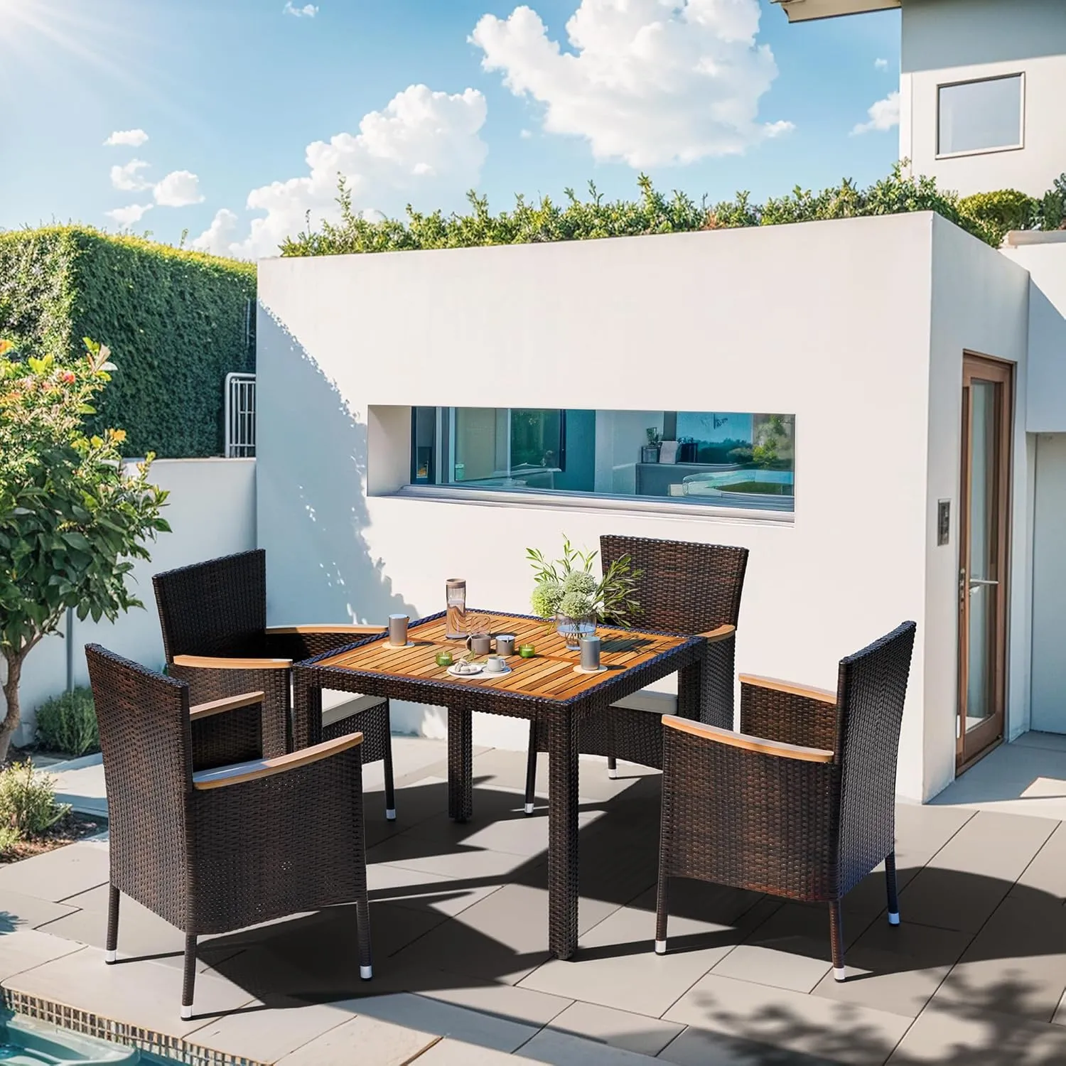 Shintenchi 5 Piece Patio Dining Set, Wicker Patio Conversation Set with Wood Table Top, Outdoor Table and Chairs with Soft Cushions for Backyard, Deck and Garden, Brown Rattan