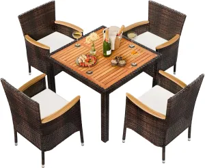 Shintenchi 5 Piece Patio Dining Set, Wicker Patio Conversation Set with Wood Table Top, Outdoor Table and Chairs with Soft Cushions for Backyard, Deck and Garden, Brown Rattan