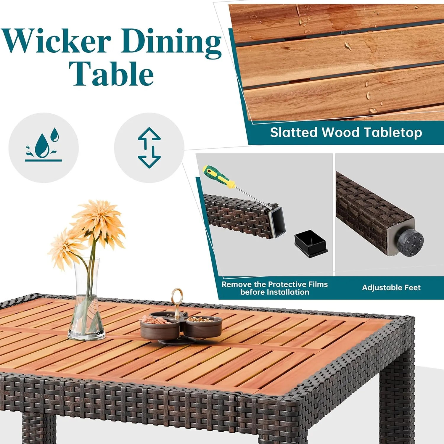 Shintenchi 5 Piece Patio Dining Set, Wicker Patio Conversation Set with Wood Table Top, Outdoor Table and Chairs with Soft Cushions for Backyard, Deck and Garden, Brown Rattan