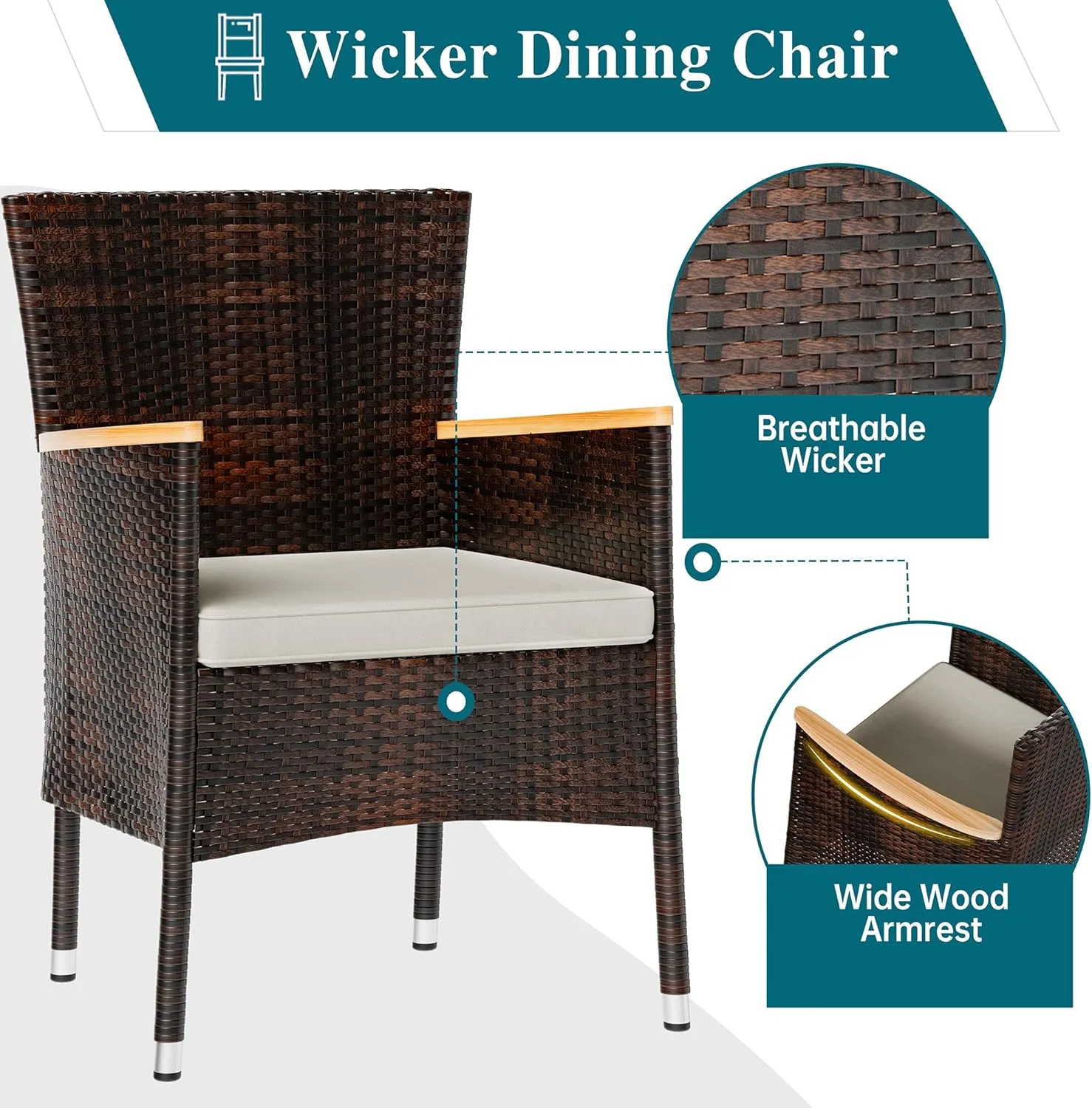 Shintenchi 5 Piece Patio Dining Set, Wicker Patio Conversation Set with Wood Table Top, Outdoor Table and Chairs with Soft Cushions for Backyard, Deck and Garden, Brown Rattan