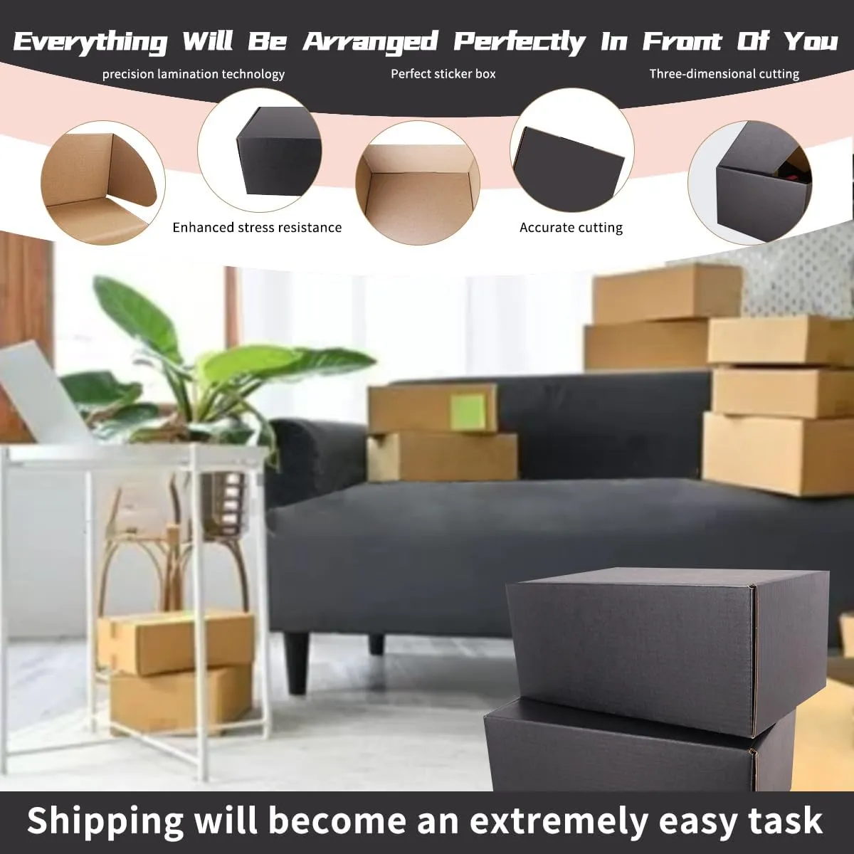 Shipping Boxes,12"x9"x4" Black Corrugated Cardboard Boxes, Which is Anti-Impact Come with Exquisite Sealing Label.Suitable E-Commerce Packaging, Shipping Packaging.