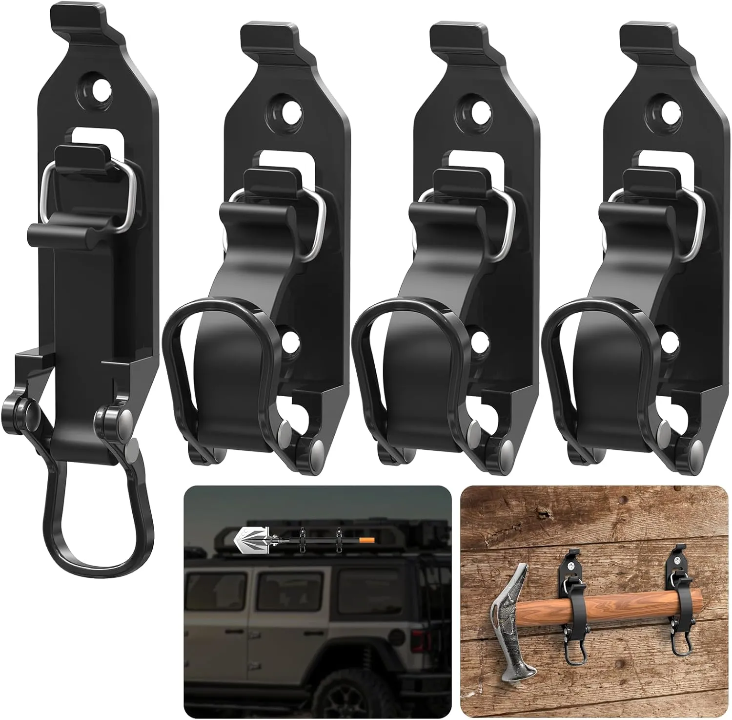 Shovel Mount for Roof Rack / Truck Bed, Truck Jeep Offroad Roof Rack Axe Shovel Mount, Shovel Holder for Truck & Quick Fist Clamps Fit 0.67" to 1.57" D Tools- Black 4PCS