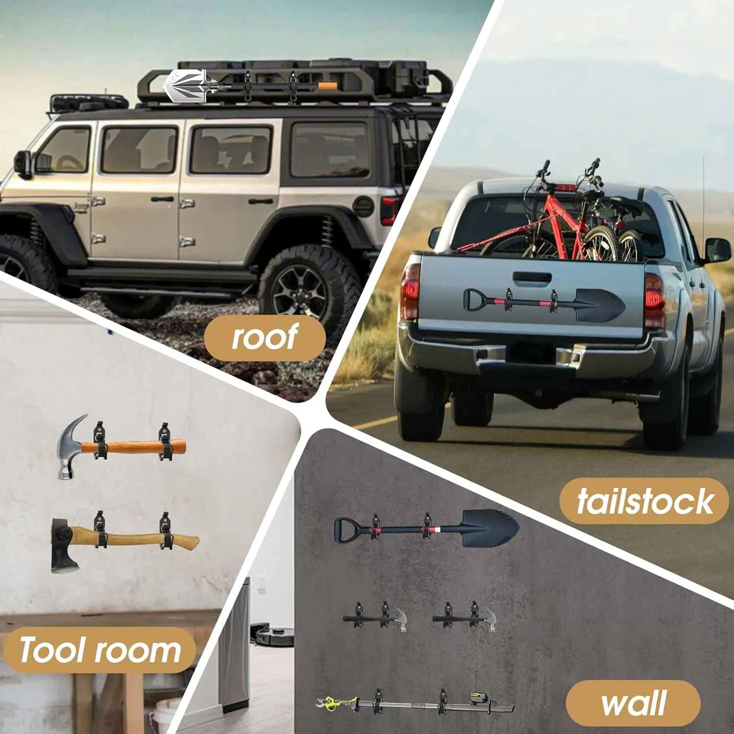 Shovel Mount for Roof Rack / Truck Bed, Truck Jeep Offroad Roof Rack Axe Shovel Mount, Shovel Holder for Truck & Quick Fist Clamps Fit 0.67" to 1.57" D Tools- Black 4PCS
