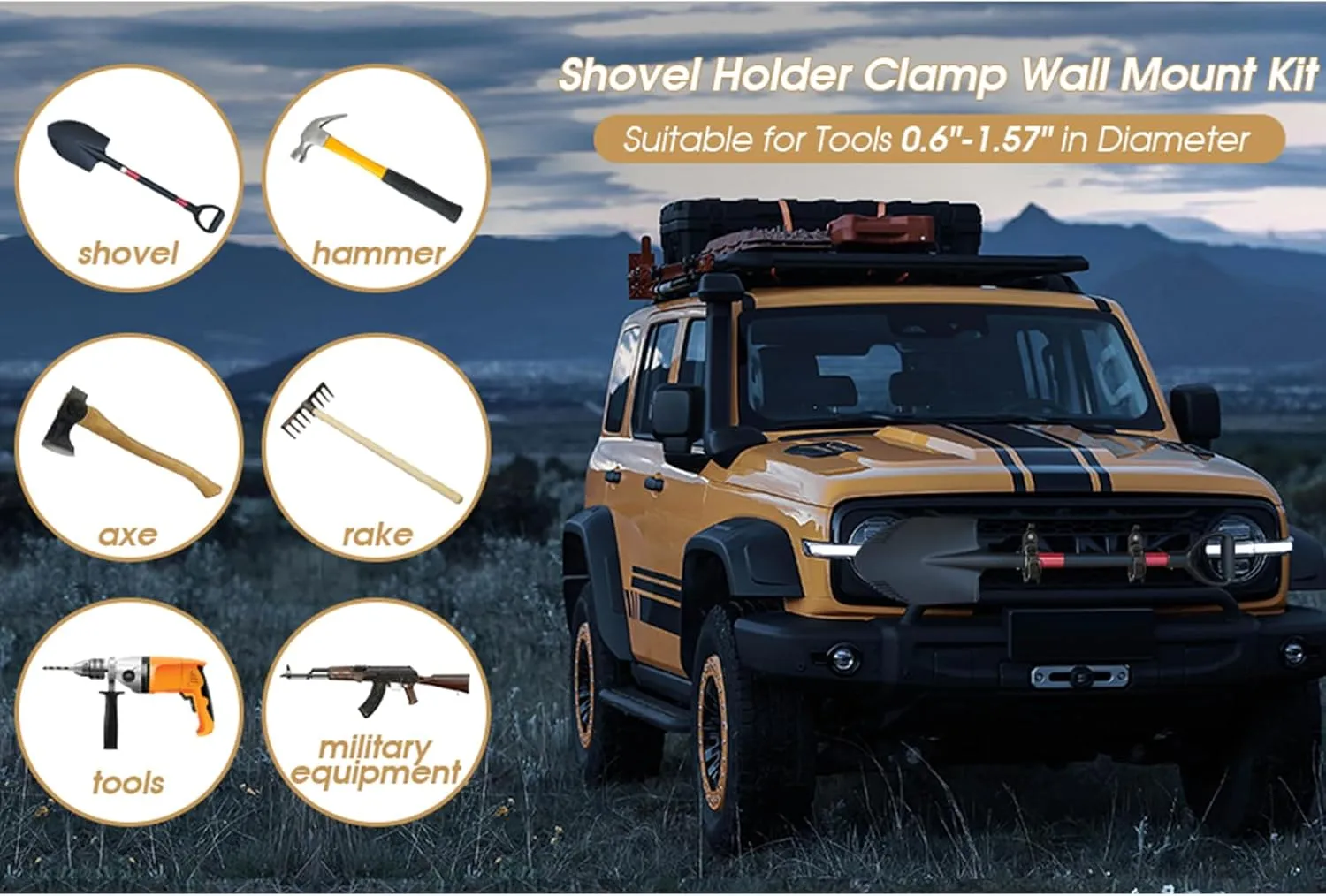 Shovel Mount for Roof Rack / Truck Bed, Truck Jeep Offroad Roof Rack Axe Shovel Mount, Shovel Holder for Truck & Quick Fist Clamps Fit 0.67" to 1.57" D Tools- Black 4PCS