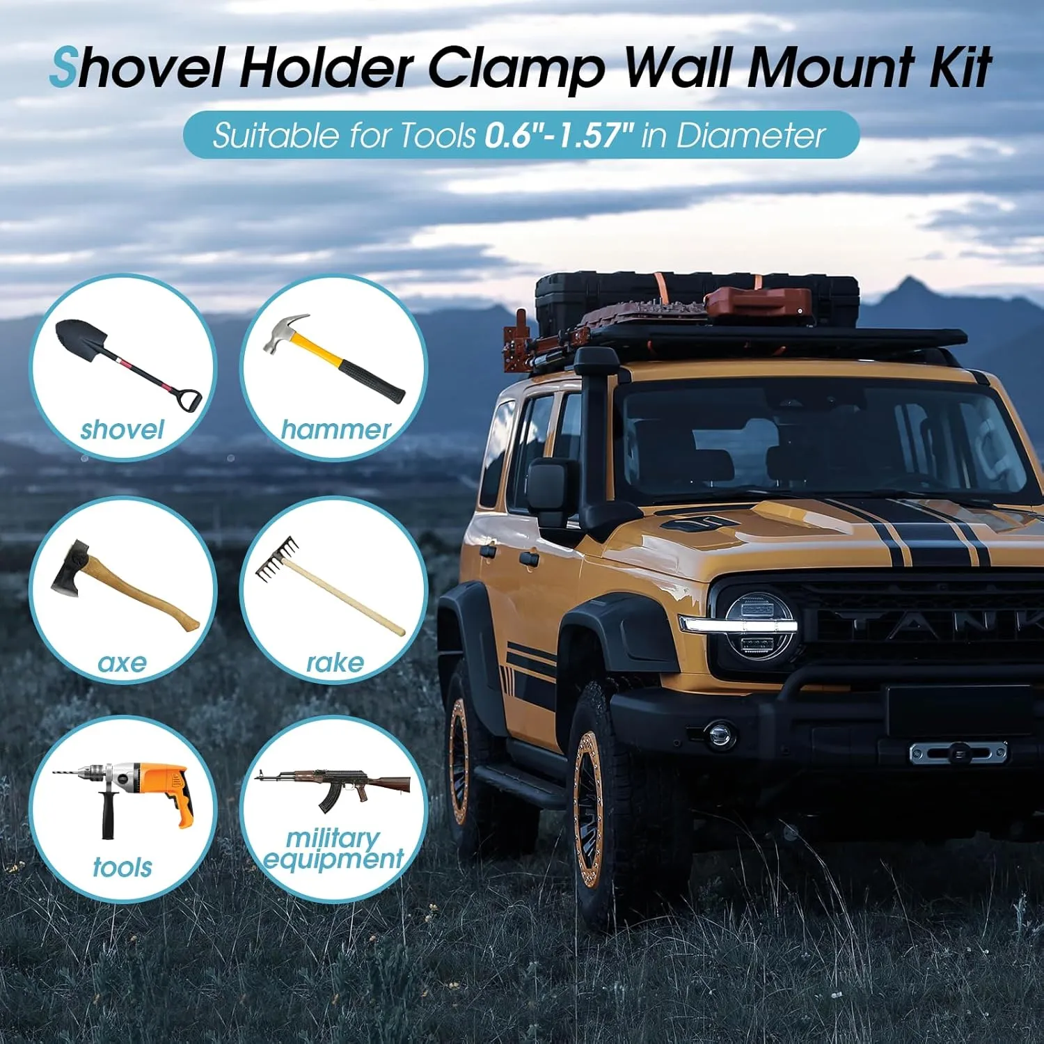 Shovel Mount for Roof Rack / Truck Bed, Truck Jeep Offroad Roof Rack Axe Shovel Mount, Shovel Holder for Truck & Quick Fist Clamps Fit 0.67" to 1.57" D Tools-Blue 4PCS