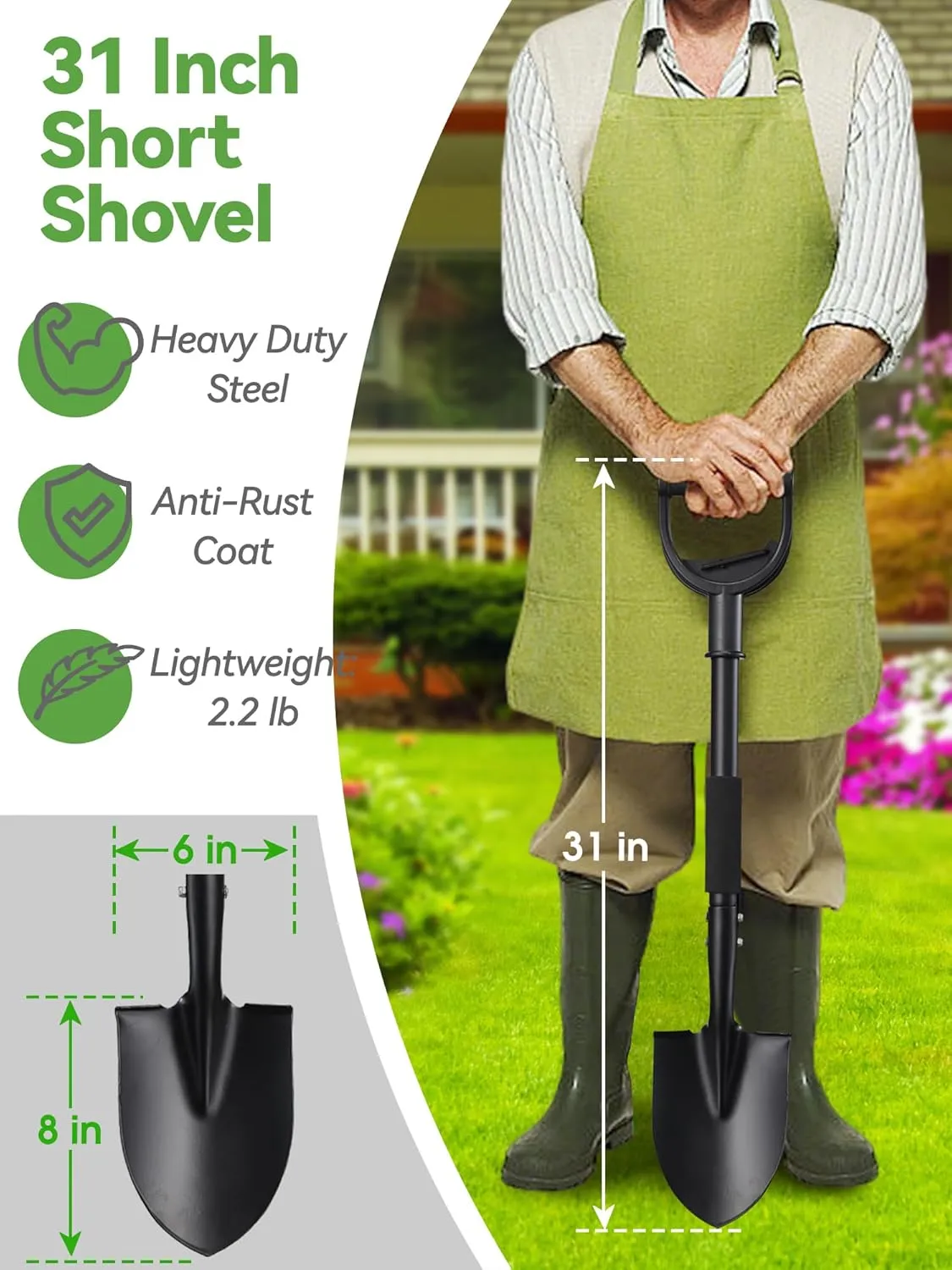 Shovel, Small Garden Shovels for Digging Gardening Heavy Duty, 31 inches Kids Sand Beach Shovel with D-Handle, Round Point Blade, Comfort Grip, Camping, Off Road Short Mini Metal Spade