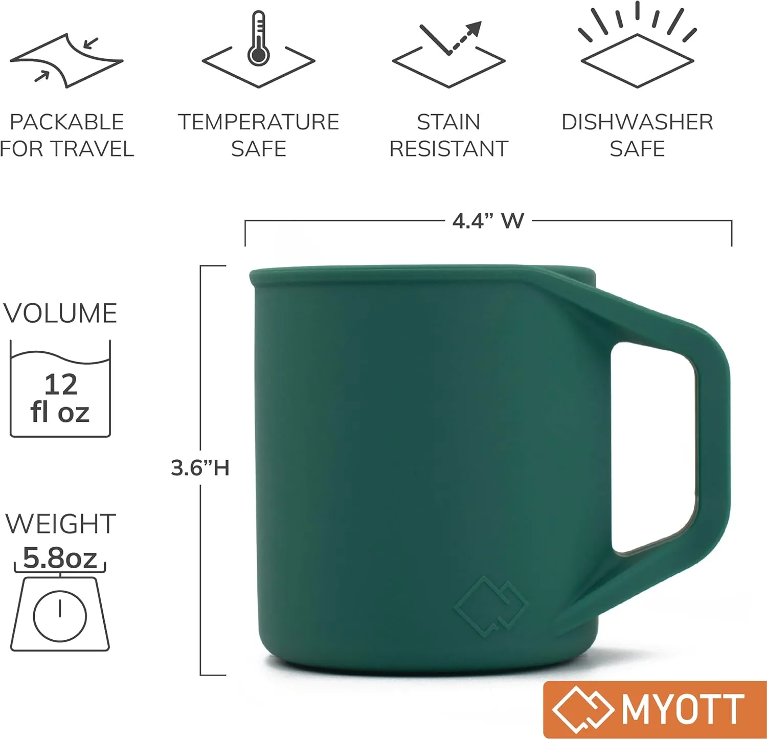Silicone Coffee Cup - Food Grade Silicone Camping Mug with Handle - Portable, Collapsible Coffee Mug - BPA Free, Dishwasher Safe and Microwave Safe 12- oz (Evergreen, 1 Pack)