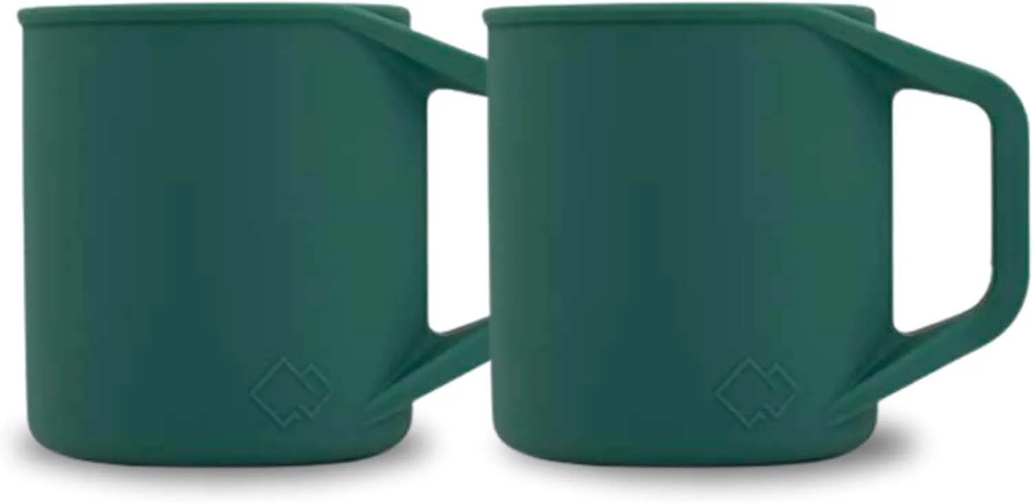 Silicone Coffee Cup - Food Grade Silicone Camping Mug with Handle - Portable, Collapsible Coffee Mug - BPA Free, Dishwasher Safe and Microwave Safe 12- oz (Evergreen, 2 Pack)