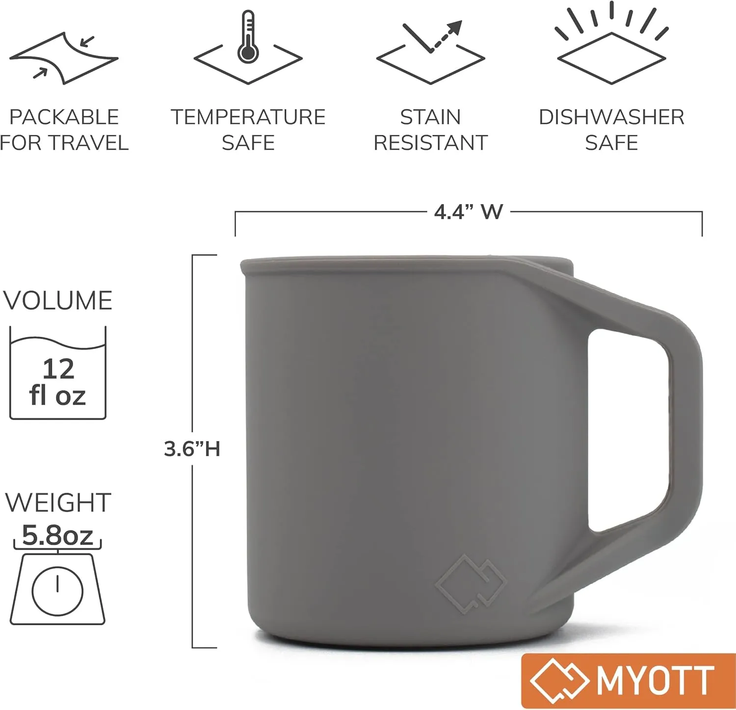 Silicone Coffee Cup - Food Grade Silicone Camping Mug with Handle - Portable, Collapsible Coffee Mug - BPA Free, Dishwasher Safe and Microwave Safe 12- oz (Granite Gray, 2 Pack)