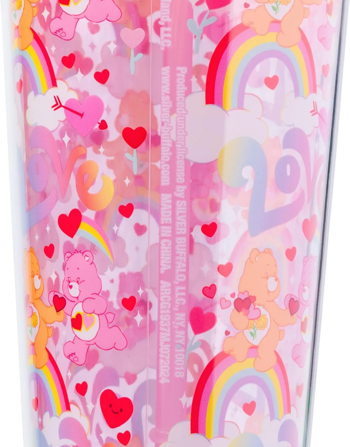 Silver Buffalo Care Bears Love Rainbow Hearts Featuring Friend Bear and Love-A-Lot Bear Plastic Cold Cup with Lid and Topper Straw, 24 Ounces