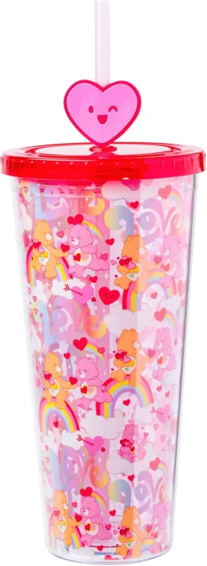 Silver Buffalo Care Bears Love Rainbow Hearts Featuring Friend Bear and Love-A-Lot Bear Plastic Cold Cup with Lid and Topper Straw, 24 Ounces