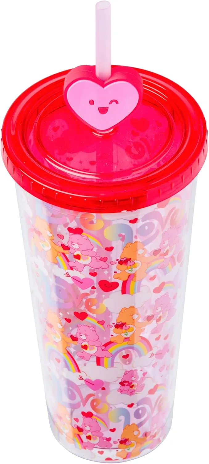 Silver Buffalo Care Bears Love Rainbow Hearts Featuring Friend Bear and Love-A-Lot Bear Plastic Cold Cup with Lid and Topper Straw, 24 Ounces