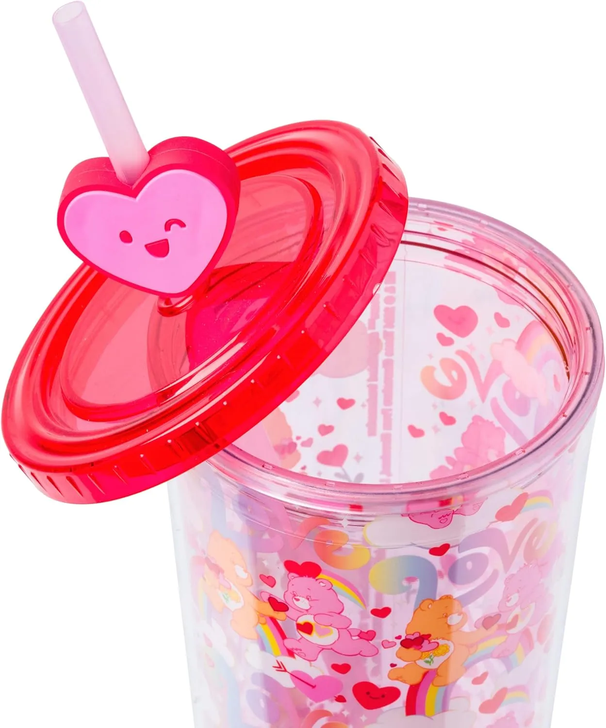 Silver Buffalo Care Bears Love Rainbow Hearts Featuring Friend Bear and Love-A-Lot Bear Plastic Cold Cup with Lid and Topper Straw, 24 Ounces