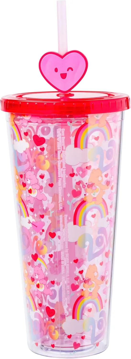 Silver Buffalo Care Bears Love Rainbow Hearts Featuring Friend Bear and Love-A-Lot Bear Plastic Cold Cup with Lid and Topper Straw, 24 Ounces