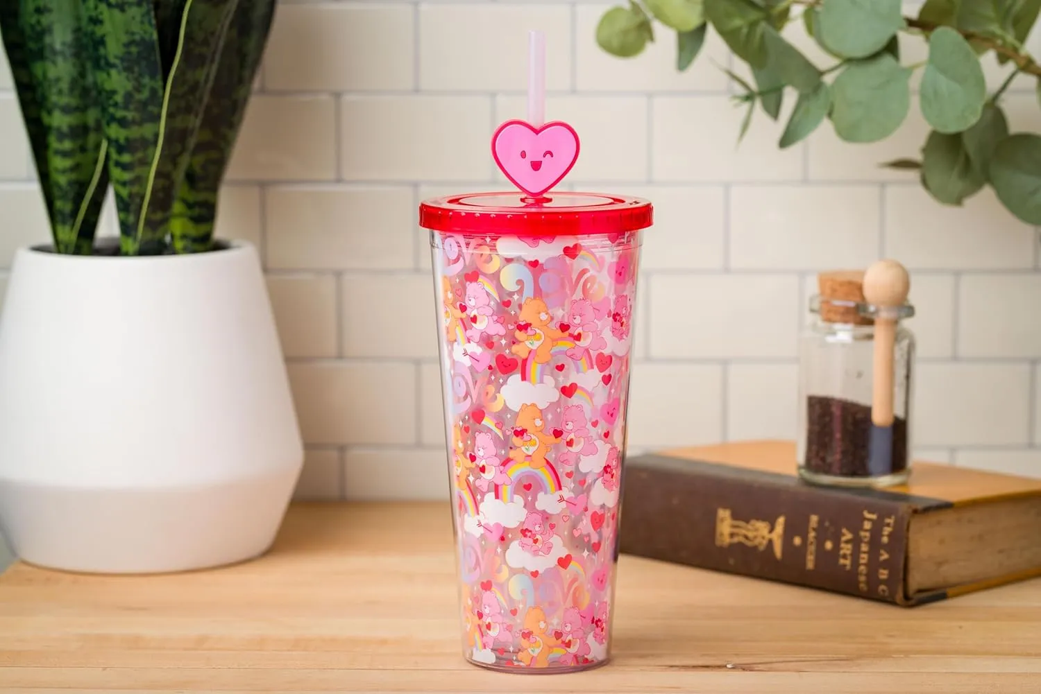 Silver Buffalo Care Bears Love Rainbow Hearts Featuring Friend Bear and Love-A-Lot Bear Plastic Cold Cup with Lid and Topper Straw, 24 Ounces
