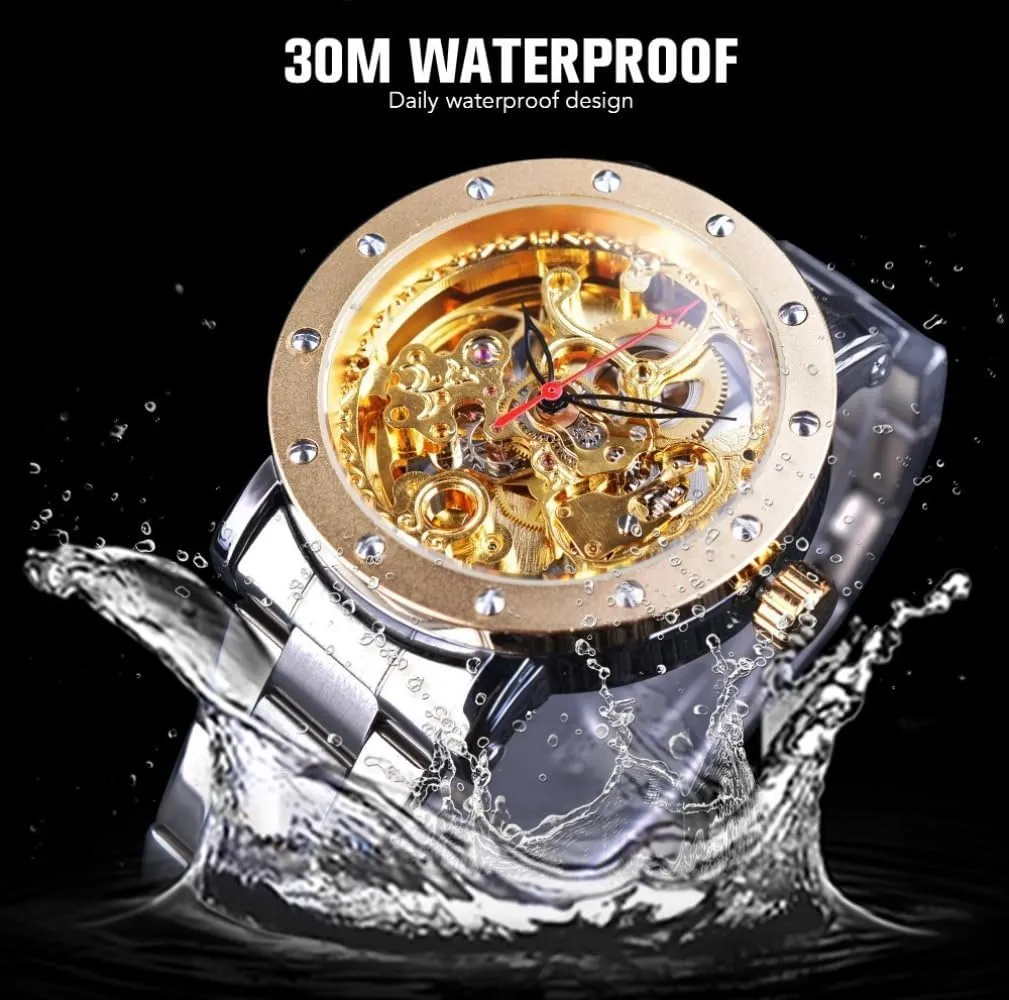 Silver Double Sided Skeleton Wristwatches Black Red Pointer Stainless Steel Strap Automatic Watches for Men Waterproof Transparent Mechanical Watch