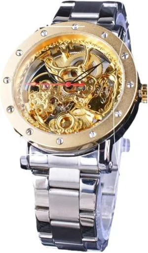 Silver Double Sided Skeleton Wristwatches Black Red Pointer Stainless Steel Strap Automatic Watches for Men Waterproof Transparent Mechanical Watch
