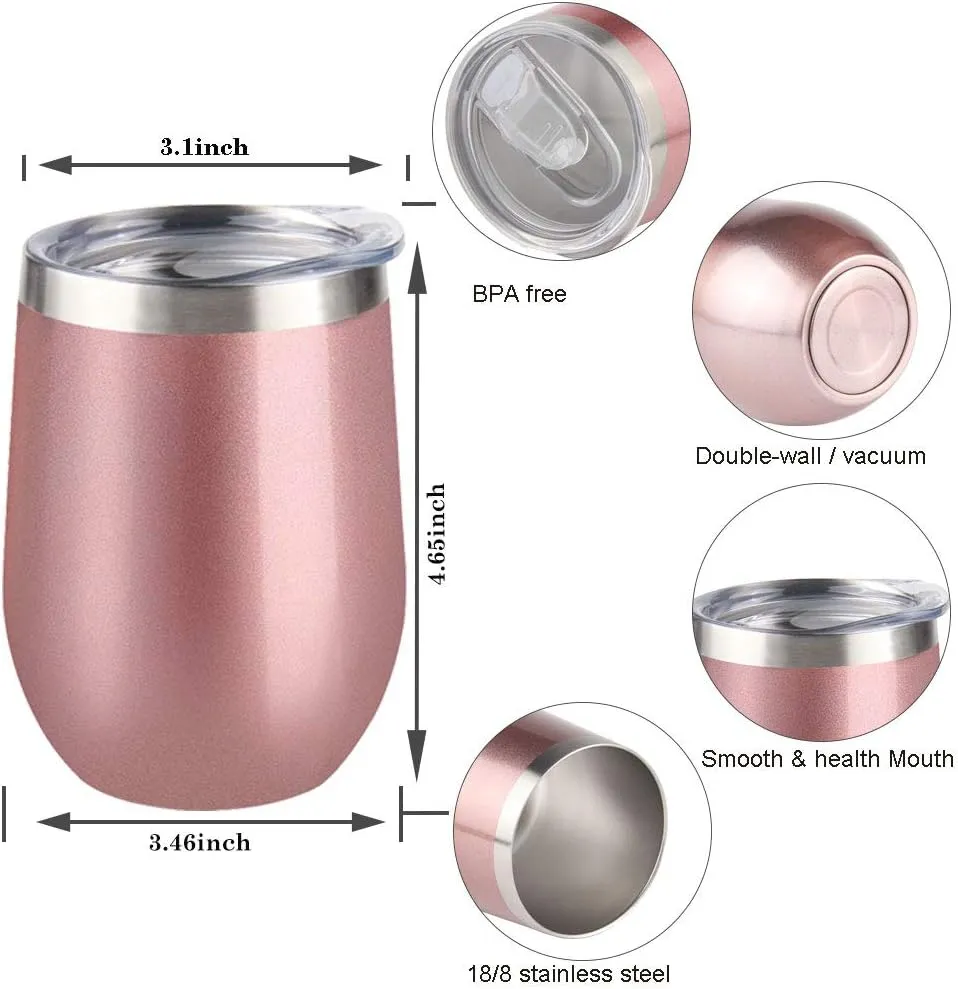 Sivaphe 4 Pack Insulated Tumbler Wine Glass with Sliding Lid 12 fl.oz Double-Wall Vacuum Travel Mug Stainless Steel Unbreakable Ice Hot Drinking Cups for Coffee Cream