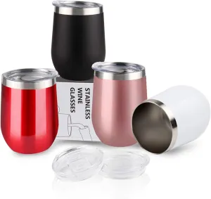 Sivaphe 4 Pack Insulated Tumbler Wine Glass with Sliding Lid 12 fl.oz Double-Wall Vacuum Travel Mug Stainless Steel Unbreakable Ice Hot Drinking Cups for Coffee Cream