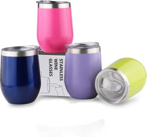 Sivaphe 4 Pack Travel Coffee Mugs 12OZ Vacuum Insulated Wine Tumblers with Lid Unbreakable Whisky/Cocktails/Ice Cream Bulk Drinking Cups