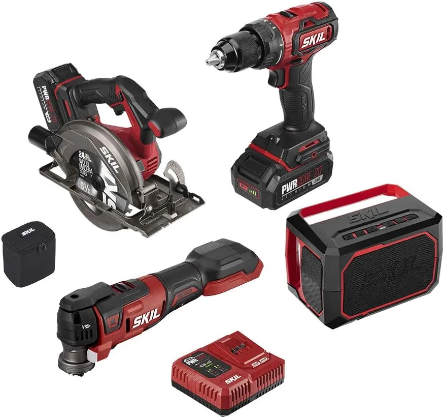 SKIL PWR CORE 20 Brushless 20V 4-Tool Combo Kit, Included 2.0Ah Lithium Battery, 4.0Ah Lithium Battery and PWR JUMP Charger - CB7440-21