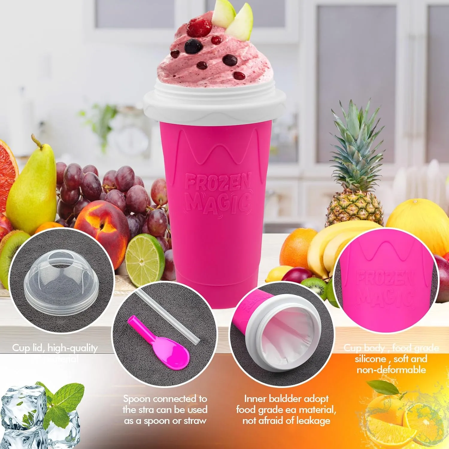 Slushie Maker Cup, Magic Quick Frozen Smoothies Cups for Homemade Milk Shake Ice Cream Maker, Cooling Cup, Double Layer Squeeze Slushy Maker Cups, Birthday Gifts for Friends,Family(Pink)