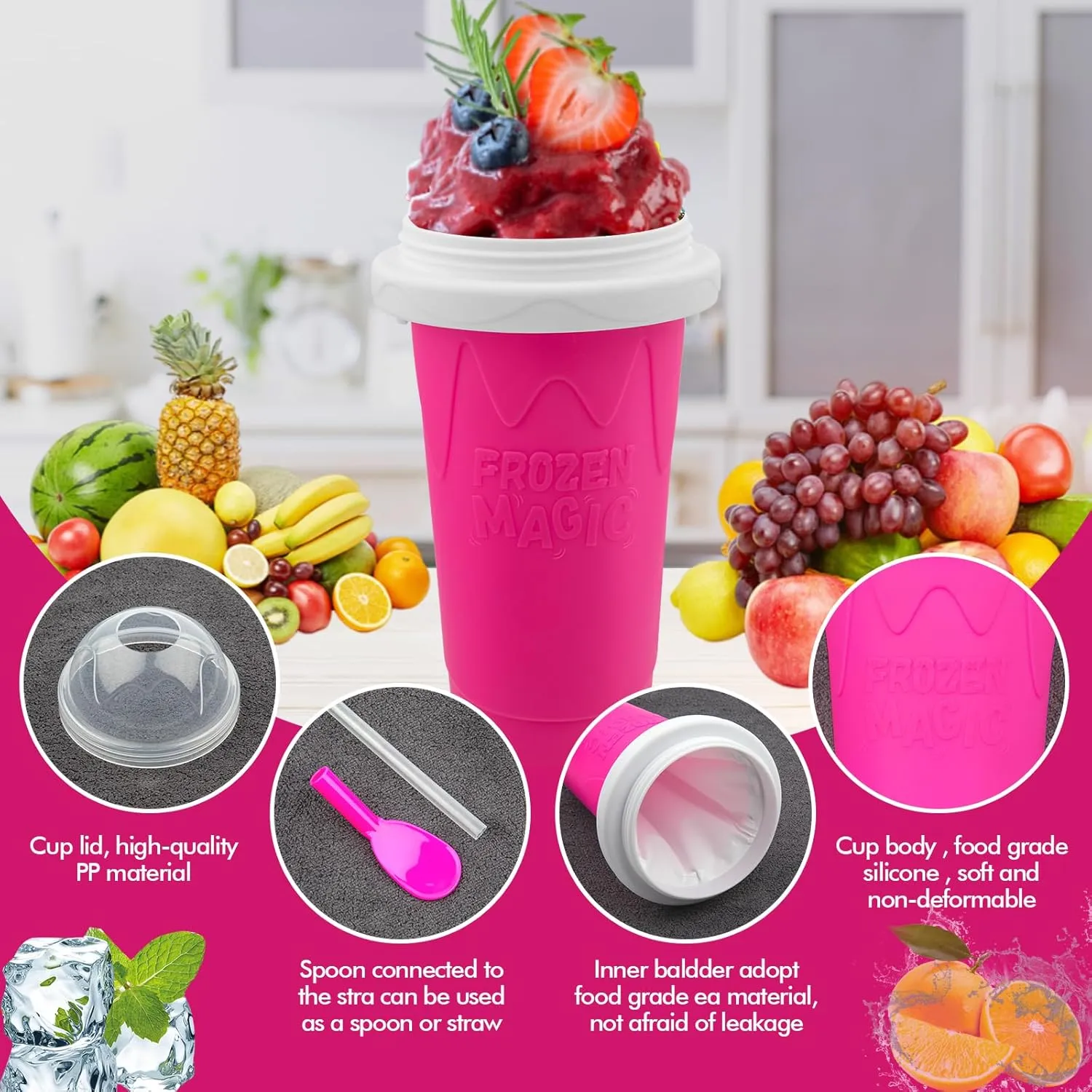 Slushie Maker Cup, Quick Frozen Magic Cups for Homemade Milk Shake Ice Cream Maker, Double Layer Squeeze Slushy Maker Cup, Birthday Gifts for Kids,Friends,Family(Pink, 350ML)