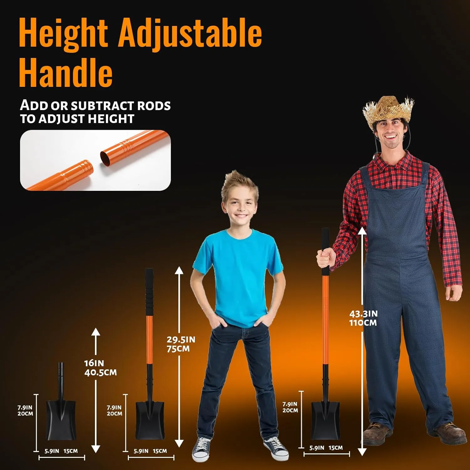 Small Garden Shovels for Digging,Square Spade Shovel Beach Shovels for Kids with 43.3in Handle,Heavy Duty Portable Metal Shovel for Gardening Camping Trenching Digging Landscaping,Off-Road,Orange