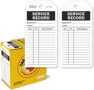 SmartSign 100-Pack Service Record Tags, 2-Sided Write-On Tags in Dispenser Box, Blank Grid and Fields for Equipment/Repair Details, 6.25" x 3", 10 mil Plastic, Waterproof, Black and White