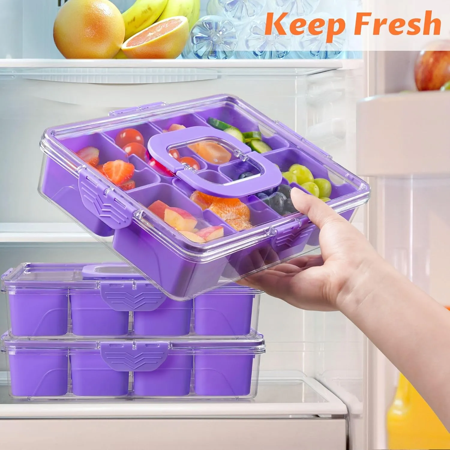 Snackle Box Container, Dishwasher Safety - Divided Serving Tray with Lid and Handle, Charcuterie Board for Portable Snack Platters - Organizer for Fruits Snacks - Perfect for Road Travel - Purple