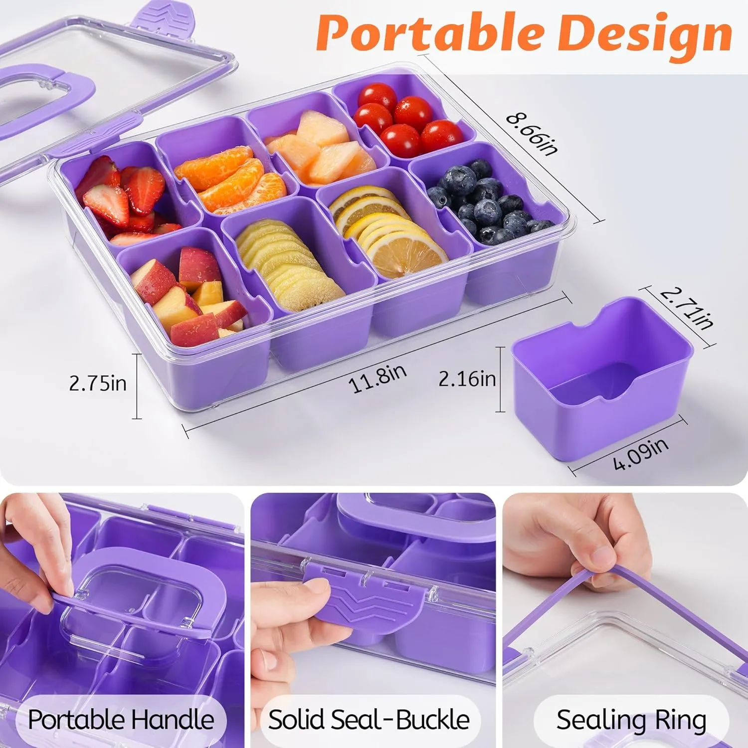 Snackle Box Container, Dishwasher Safety - Divided Serving Tray with Lid and Handle, Charcuterie Board for Portable Snack Platters - Organizer for Fruits Snacks - Perfect for Road Travel - Purple
