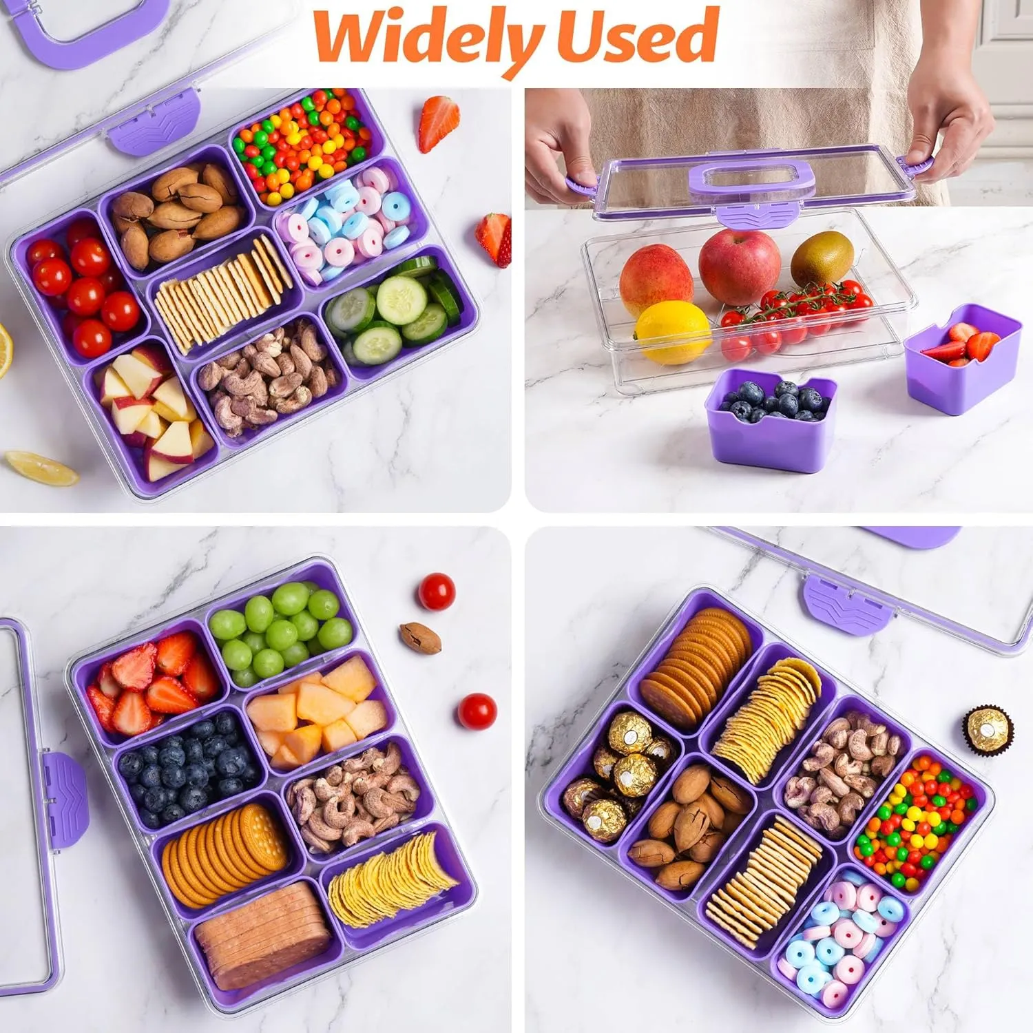 Snackle Box Container, Dishwasher Safety - Divided Serving Tray with Lid and Handle, Charcuterie Board for Portable Snack Platters - Organizer for Fruits Snacks - Perfect for Road Travel - Purple