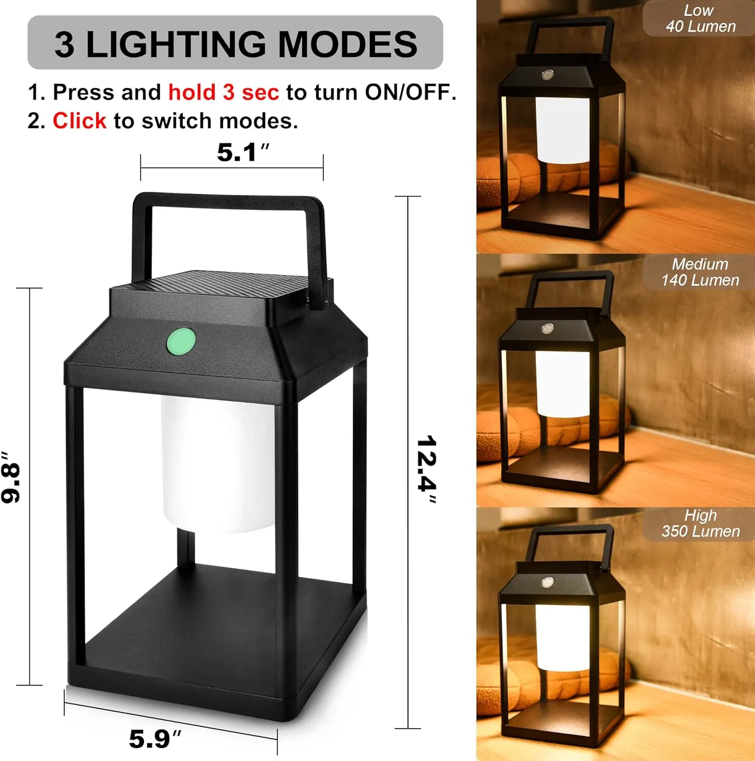 Solar Outdoor Lantern Aluminum LED Portable Rechargeable Table Lamp 35W 3000K Outdoor Nightstand Lamp IP44 Waterproof Cordless Touch Control USB Solar 2 in 1 Hand Light for Patio, Black
