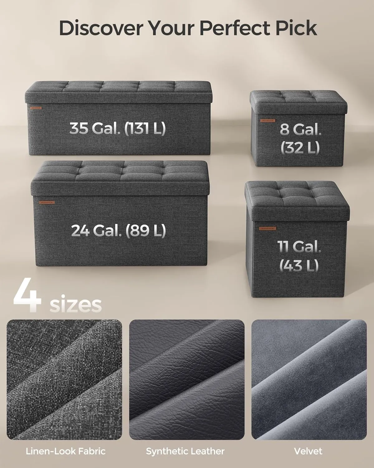 SONGMICS MAZIE Collection - 30 Inches Folding Storage Ottoman Bench, Ottoman Foot Rest, End of Bed Bench, Storage Chest, Load 660 lb, for Living Room, Bedroom, Entryway, Dark Gray ULSF47K