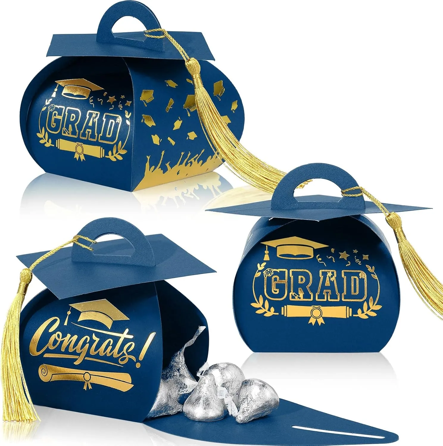 Spakon 30 Pcs Graduation Cap Gift Box Graduation Party Favors Candy Boxes Treat Box with Tassel Table Centerpieces Class of 2025 Grad Decorations(Blue, Gold)