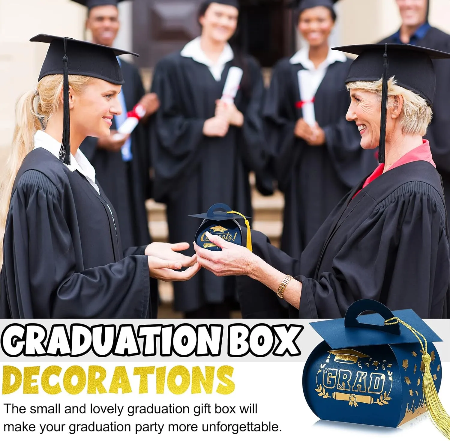 Spakon 30 Pcs Graduation Cap Gift Box Graduation Party Favors Candy Boxes Treat Box with Tassel Table Centerpieces Class of 2025 Grad Decorations(Blue, Gold)