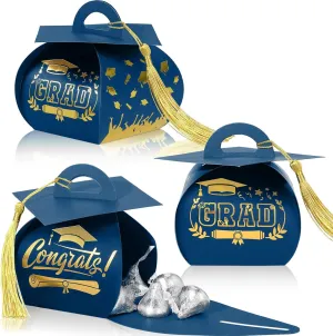 Spakon 30 Pcs Graduation Cap Gift Box Graduation Party Favors Candy Boxes Treat Box with Tassel Table Centerpieces Class of 2025 Grad Decorations(Blue, Gold)
