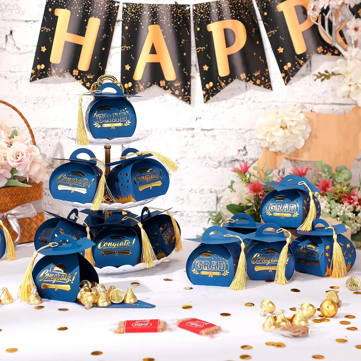 Spakon 30 Pcs Graduation Cap Gift Box Graduation Party Favors Candy Boxes Treat Box with Tassel Table Centerpieces Class of 2025 Grad Decorations(Blue, Gold)