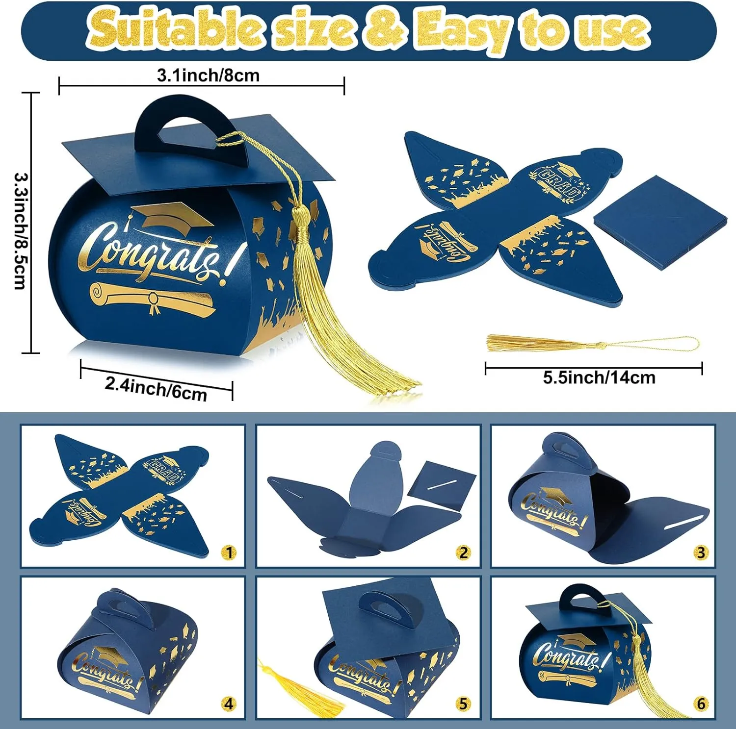 Spakon 30 Pcs Graduation Cap Gift Box Graduation Party Favors Candy Boxes Treat Box with Tassel Table Centerpieces Class of 2025 Grad Decorations(Blue, Gold)