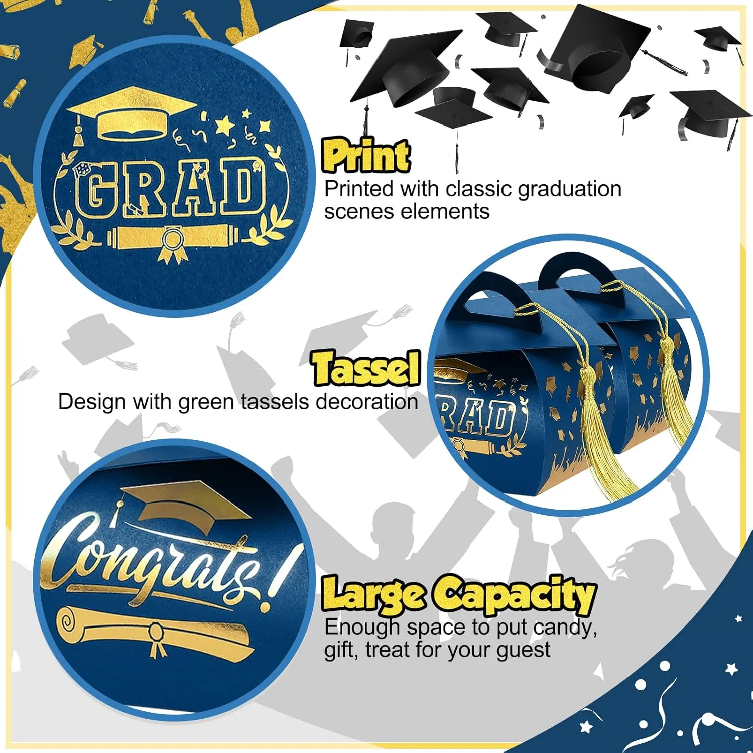 Spakon 30 Pcs Graduation Cap Gift Box Graduation Party Favors Candy Boxes Treat Box with Tassel Table Centerpieces Class of 2025 Grad Decorations(Blue, Gold)