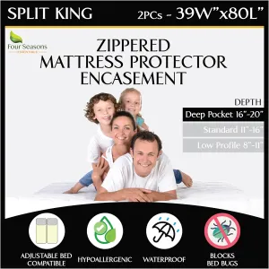 Split King Mattress Encasement 39" x 80" (2PCs Twin XL) - Waterproof Zippered Protector Hypoallergenic Premium Quality Deep Pocket Cover for Adjustable Beds and Split Mattresses (16"-20" Depth)