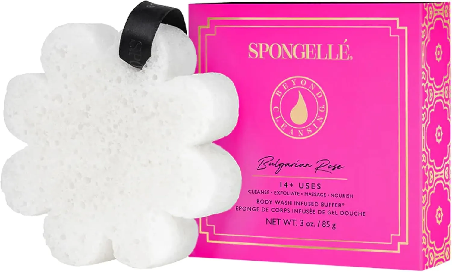 Spongelle Bulgarian Rose Wild Flower Buffer Body Scrubber with Box | Bath & Shower Loofah for Women | Exfoliator with Body Wash Infused | 14  uses
