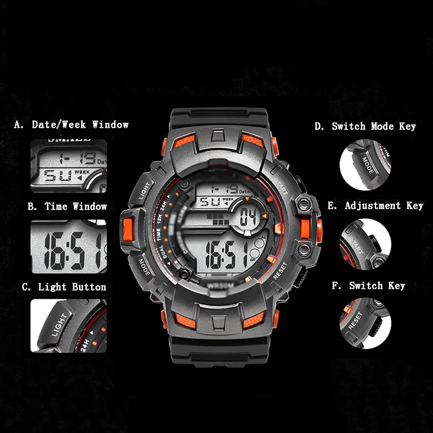Sports Watch Cool Big Dial Outdoor Multi-Function Trend Digital Display Student Male and Female Waterproof Shockproof Drop-Proof Electronic Watchlay